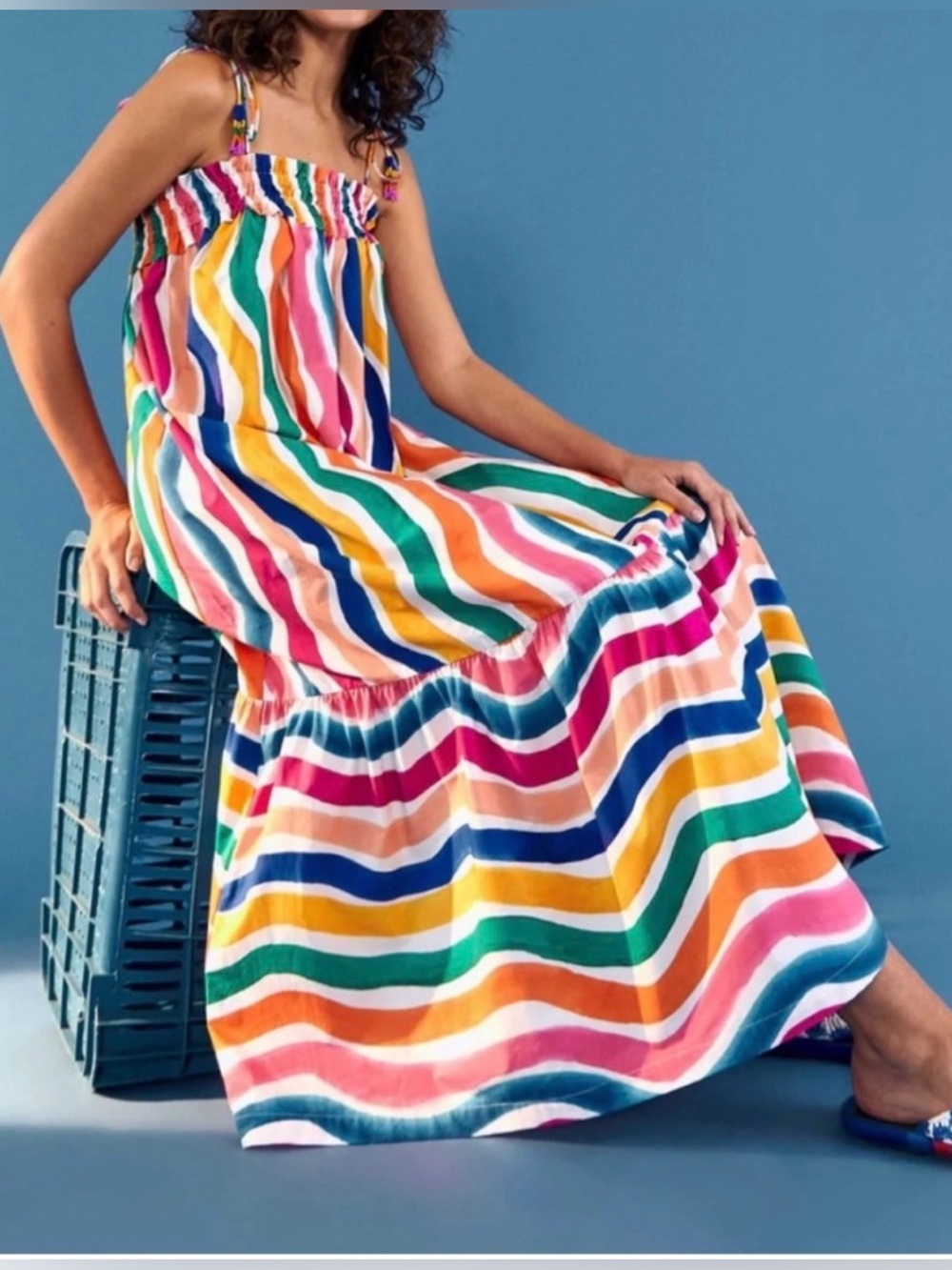 Farm Rio Dancing Stripes Tassel Tie Midi Dress Small Colorful